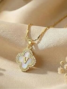Gold Initial V Mother of Pearl CZ Clover Pendant Seed Chain Necklace